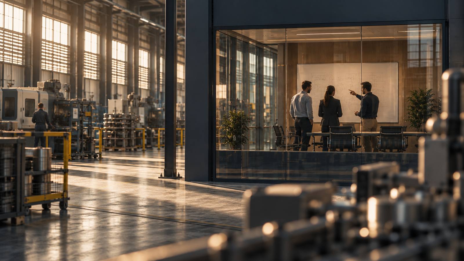 Ambiente industrial com sala de reunião envidraçada integrada ao espaço de trabalho.
